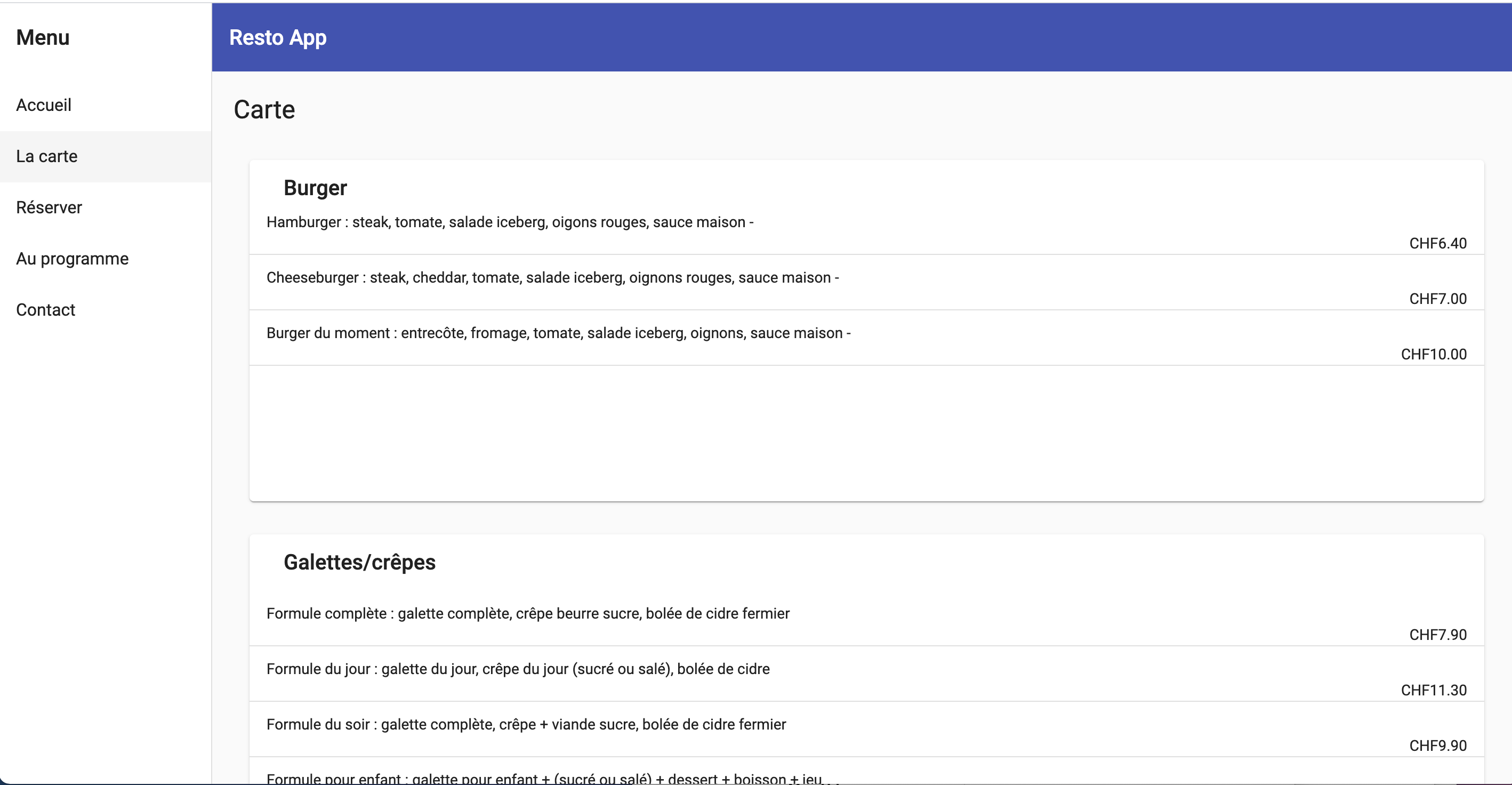 Création d'une application qui permet d'afficher la carte d'un restaurant. Réalisé avec Angular 11.
